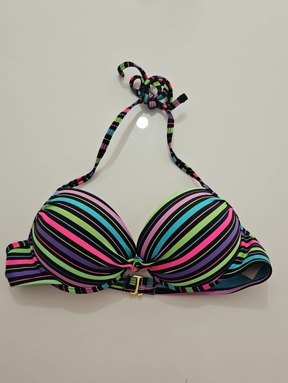 Arizona Striped Neon Multi-Color Halter Swim Top - Women Swim Sz S